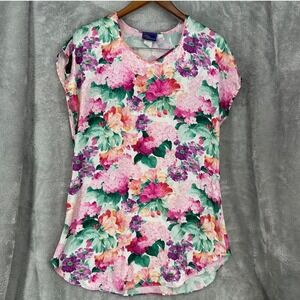 Vintage Sleep Solutions Pink Floral Satin Sleep Shirt V-Neck Nightgown Nightie